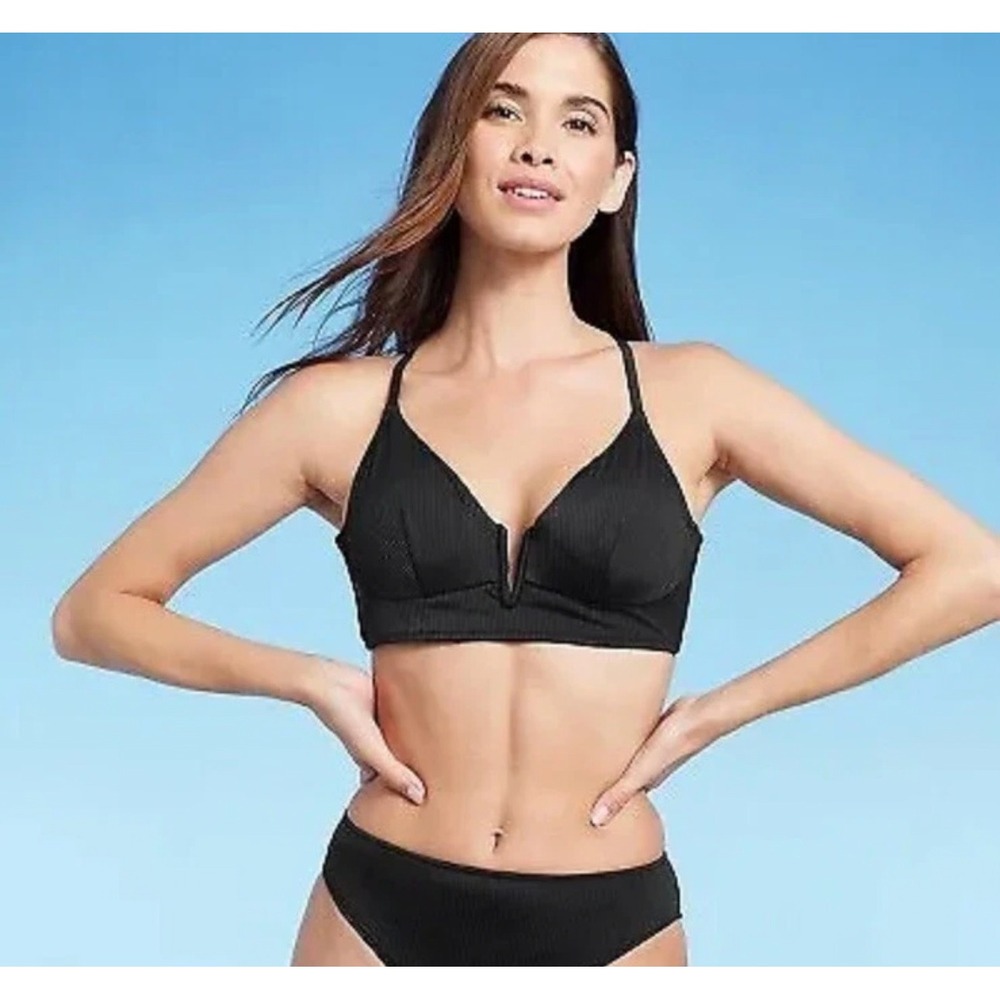 Shade & Shore Womens Black Ribbed Longline Underwire‎ Bikini Top 36B V-Neck